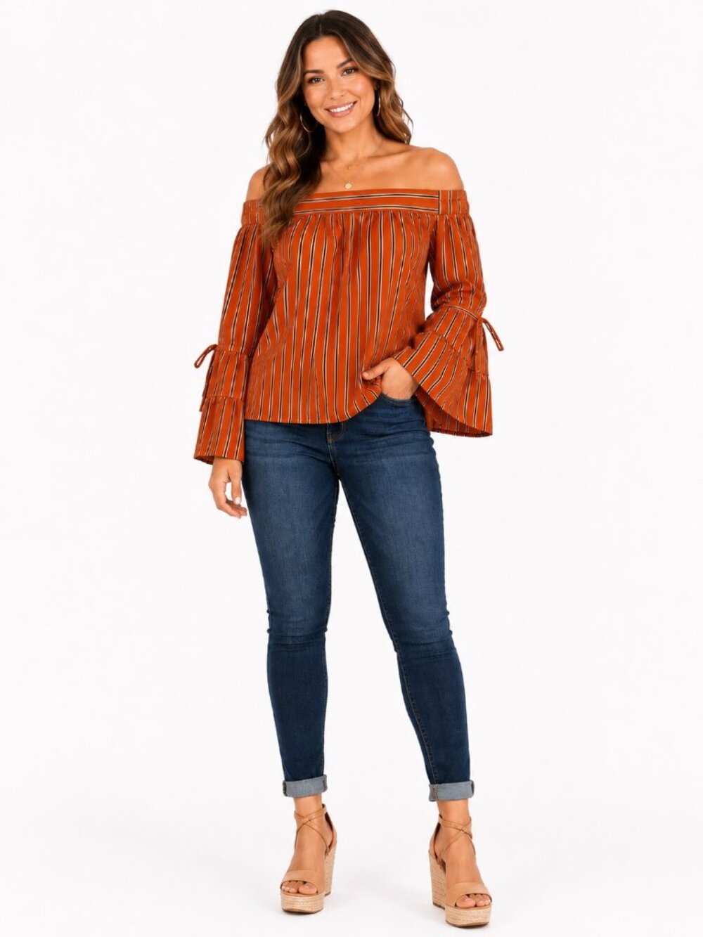 E&M Rust Orange Striped Off Shoulder Tiered Bell Sleeve Blouse Womens M NWOT